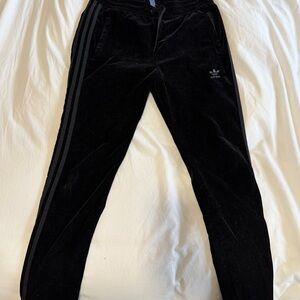 adidas Black Velour Track Pants with Signature Three Stripes